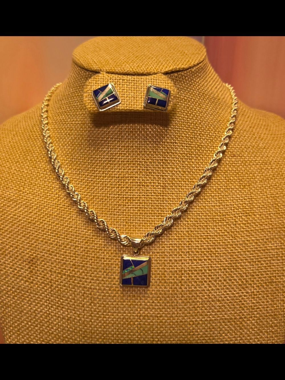 Signed Steve Francisco SF Navajo Sterling Lapis & Turquoise Square Inlay Set